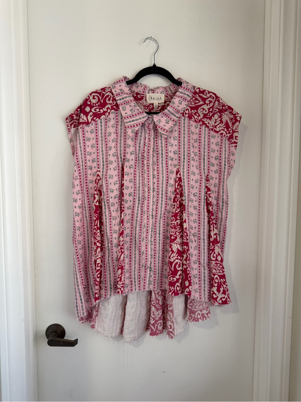 Oli &Hali Pink & Red Printed Cotton Button-Up Top Oversized NWOT